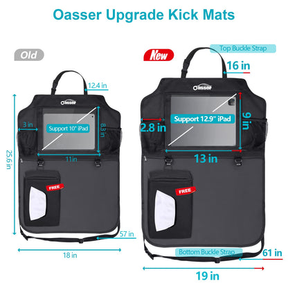 Oasser 2PCS Kick Mats Car Organisers Waterproof Seat Back Protectors with 12.9'' iPad Tablet Touch Screen Holder Multi Pockets Including Tissue Box
