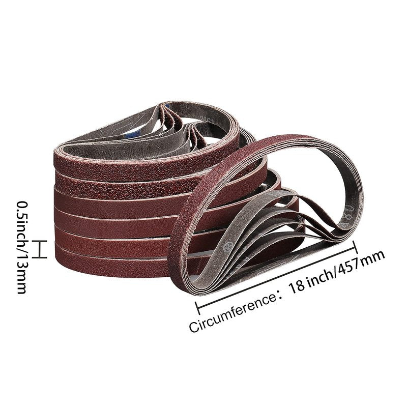 POTUINOM 36 Pack Sanding Belts 1/2X18 Inches(13X457mm)- 6 Each of 40/60/80/120/180/240 Grits Aluminum Oxide Sanding Belt, Best Suitable for Wood Sanding and Levelling