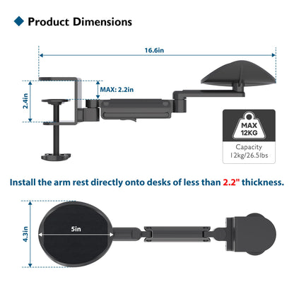 BONTEC Adjustable Arm Rest for Desk, Ergonomic Elbow Rest Pad, 360° Rotating & Extendable Desk Arm Support, Durable Aluminum, Keyboard & Computer Arm Rest Pad, Office & Gaming Desk Accessories