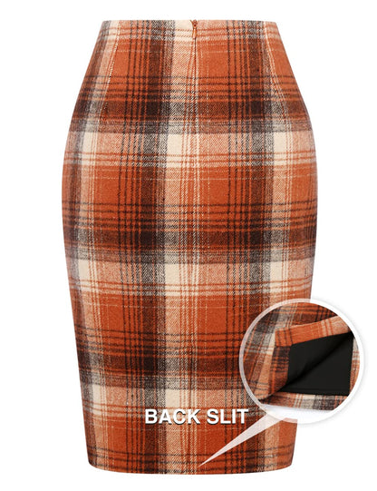 Orange Skirt Halloween Clothes for Women 2025 Outfits High Waisted Knee Length Bodycon Burnt Orange Plaid Skirt with Slit, Orange, M