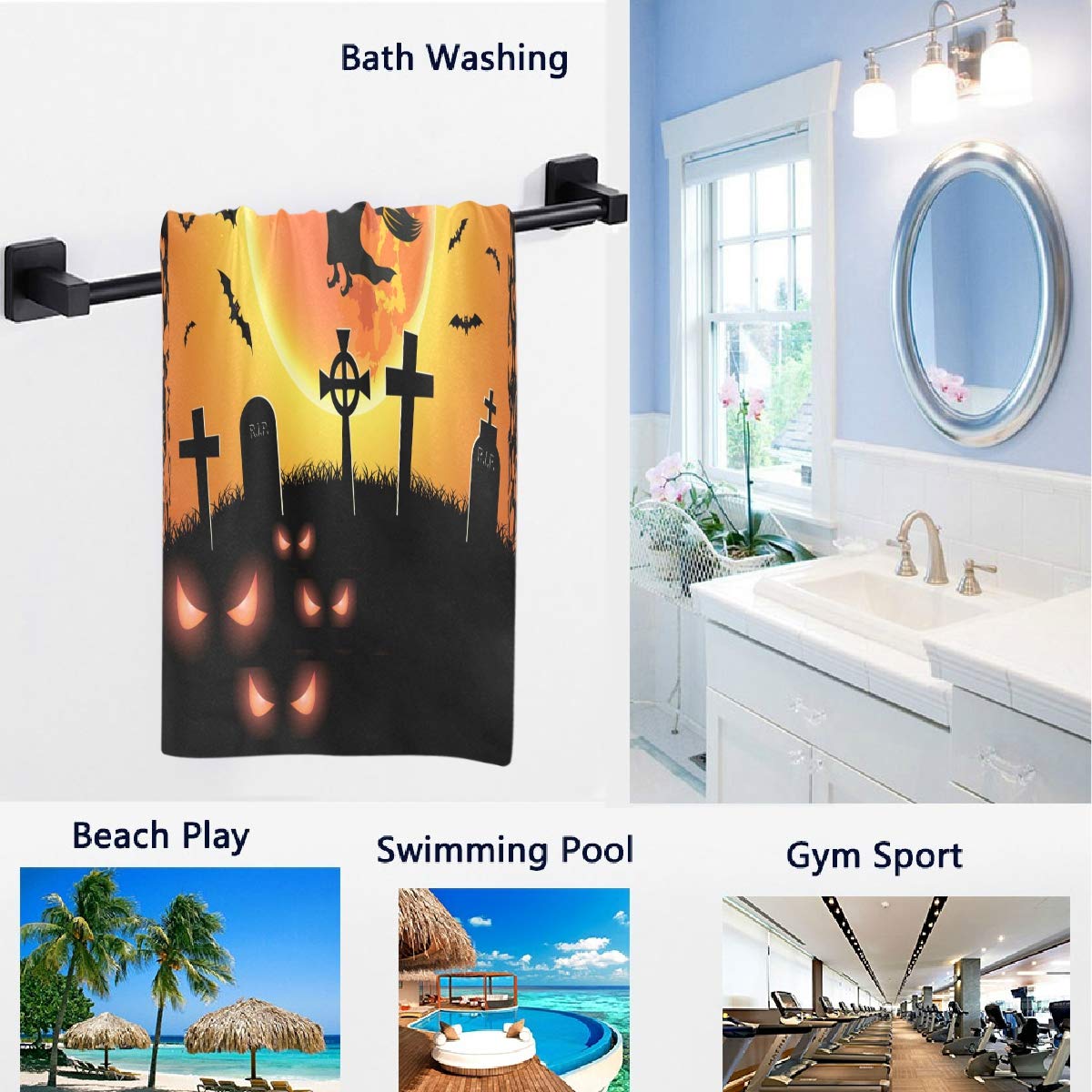 Naanle Spooky Halloween Witch Bats Tombstones Soft Bath Towel Large Hand Towels Multipurpose for Bathroom, Hotel, Gym and Spa (16" x 30",Orange Black)