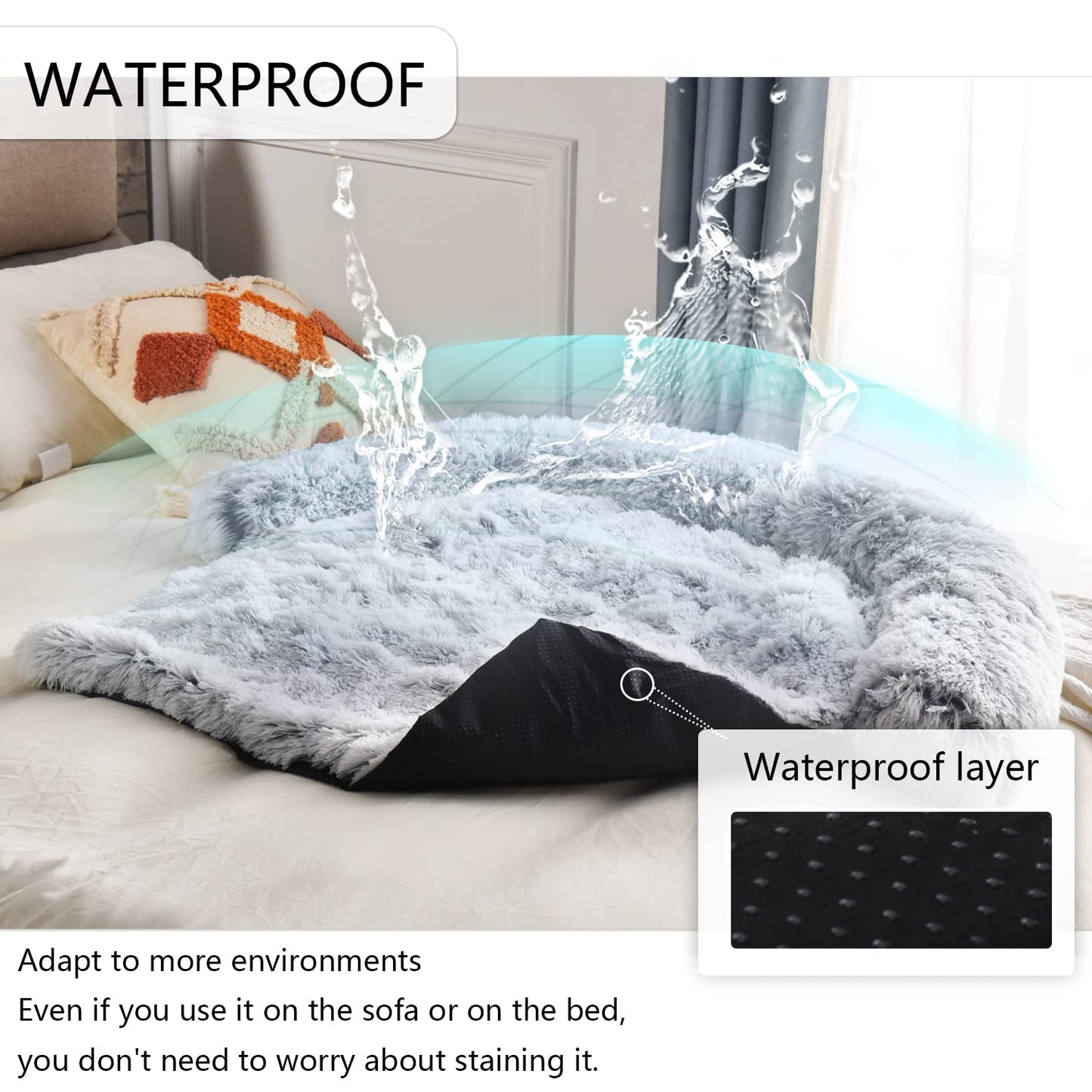Dekeyoo Waterproof Calming Dog Bed, Pet Couch Protector Plush Dog Mat Dog Sofa, Pet Furniture Cover with Soft Neck Bolster, Machine Washable Silver Gray Large