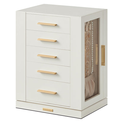 SONGMICS Jewellery Box 360° Rotating, Jewellery Organiser with 5 Drawers, Jewellery Display Case, Glass Window, Spacious, Vertical Jewellery Storage, Open Design, Great Gift, Cloud White JBC170W01
