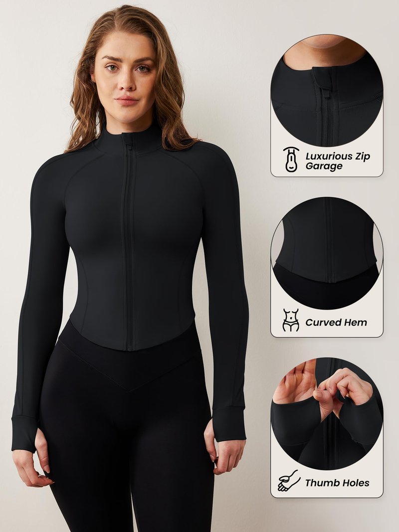 AVGO Women's Black Workout Jacket Zip Up Athletic Activewear Cropped Jackets Slim Fit Tops(Black, L)