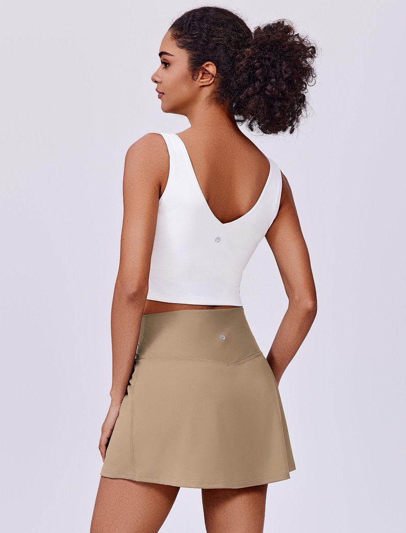 PINSPARK Tennis Skirts for Women V Waisted Golf Skorts Lightweight Athletic Skirt Stretchy Workout Skort with Pockets, Khaki XS