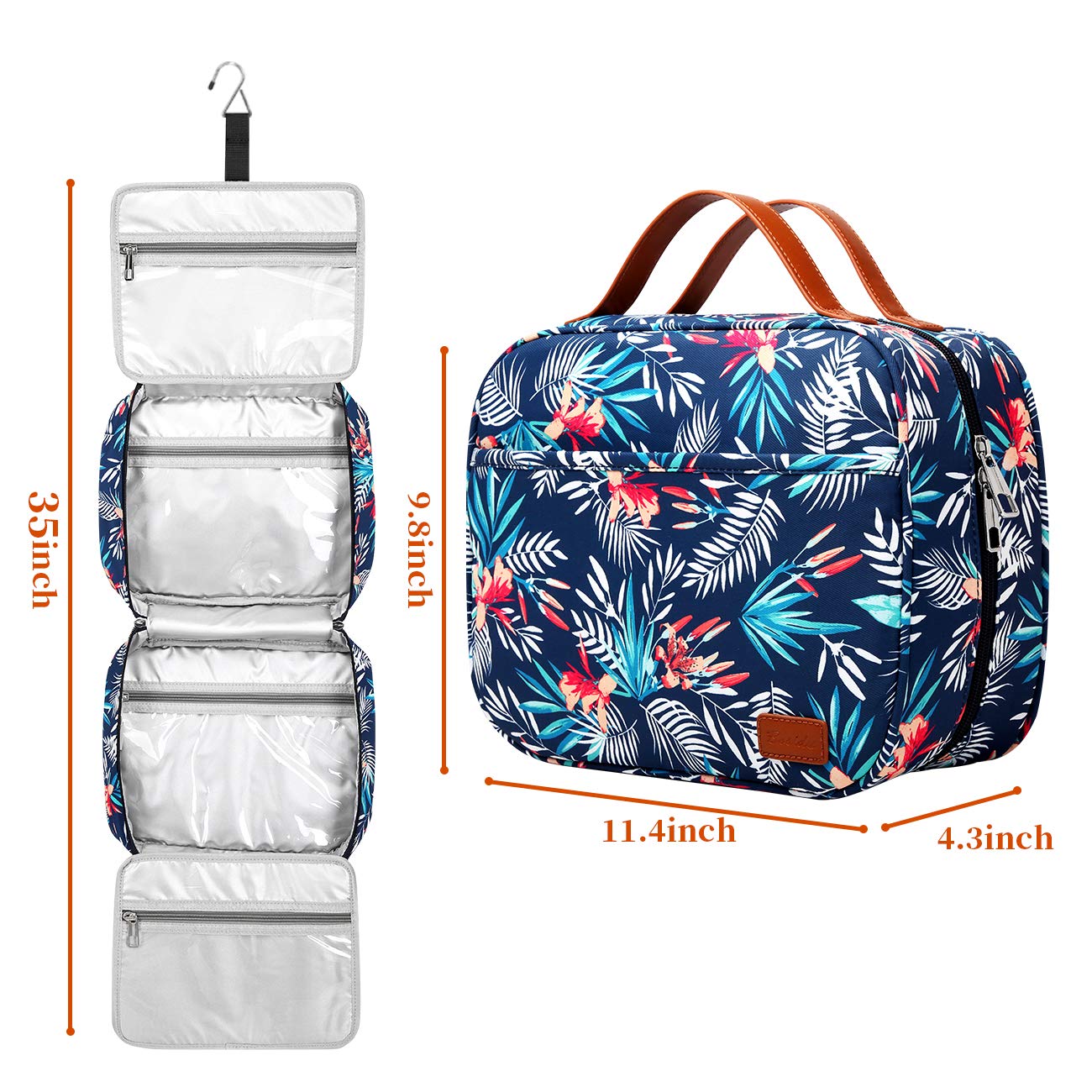 Bosidu Hanging Travel Toiletry Bag,Large Capacity Cosmetic Travel Toiletry Organizer for Women with 4 Compartments & 1 Sturdy Hook,Perfect for Travel/Daily Use/Christmas, Palm Leaf