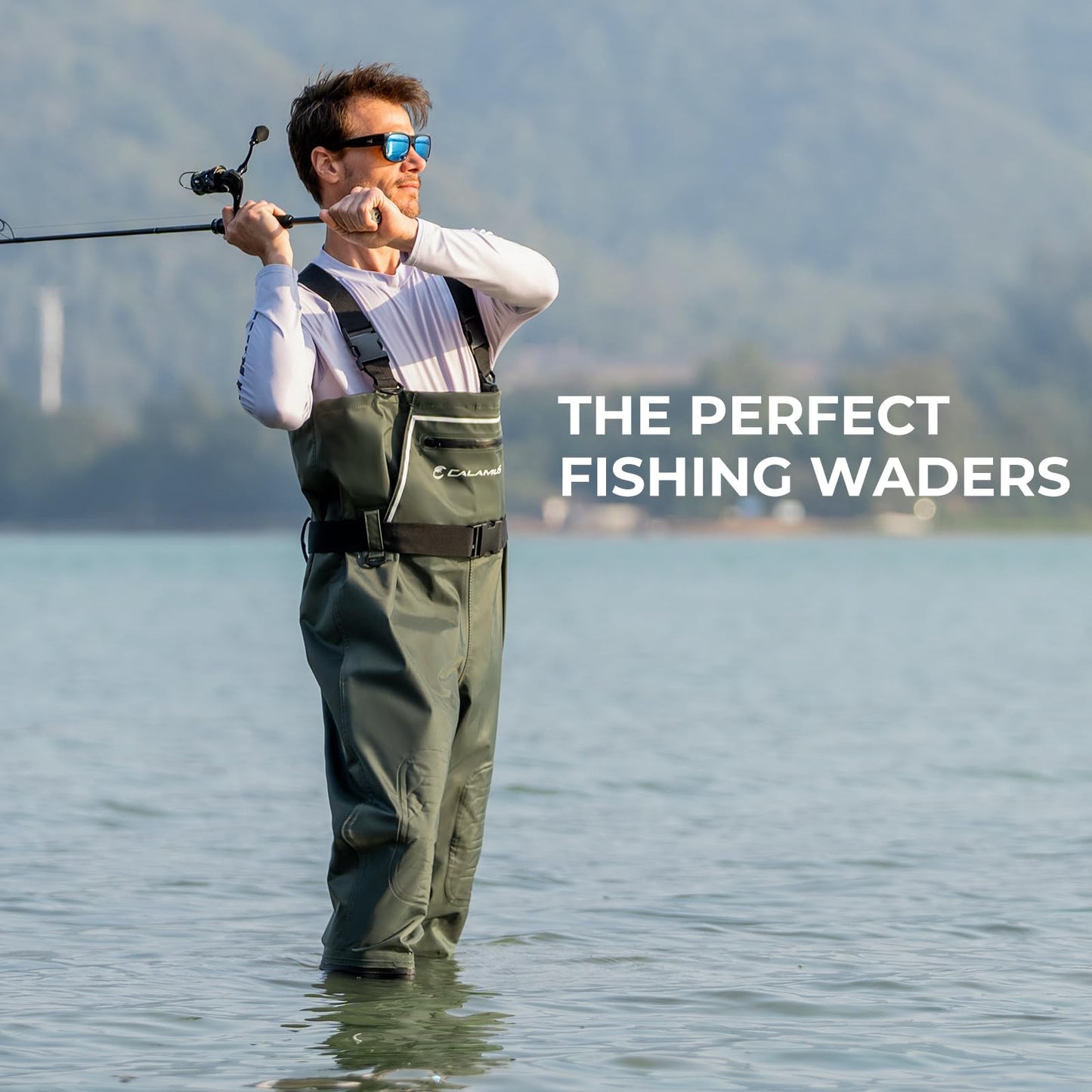 Calamus WaveWalker Fishing Waders for Men & Women, 100% Waterproof PVC Chest Waders with Slip-Resistant Boots, Tear-Resistant Nylon, Ample Storage, Wader Hanger, Military Green, M5/W7