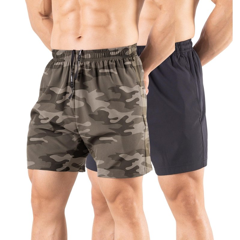Gaglg Men's 5" Running Shorts 2 Pack Quick Dry Athletic Workout Gym Shorts with Zipper Pockets Black/Camouflage,Medium