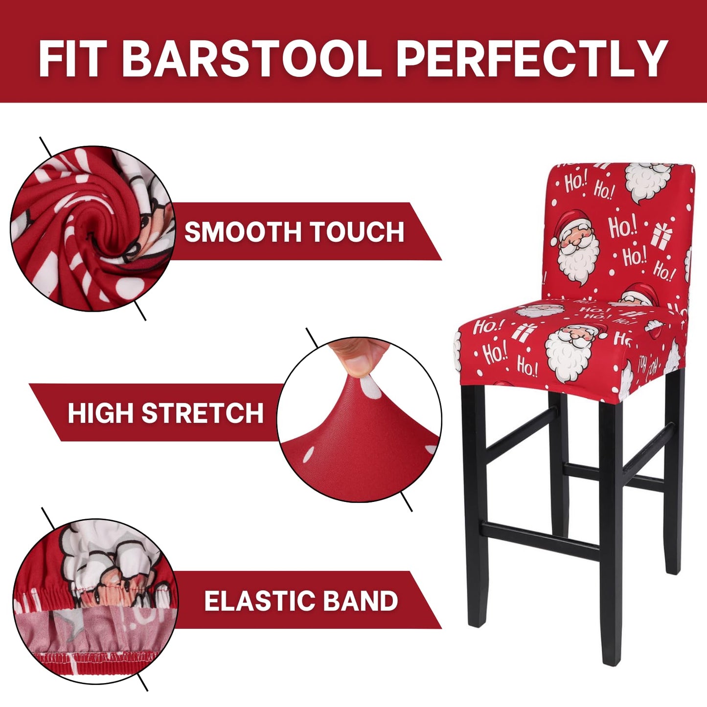 SearchI Christmas Bar Stool Covers Set of 4, Stretch Washable Barstool Seat Covers, Counter Height Chair Covers for Kitchen Dining Room Cafe (Santa Claus)
