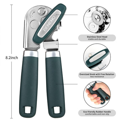 Beneno Heavy Duty Hand Can Opener Manual with Magnet, Durable Sharp Carbon Steel Blade Smooth Cutting, Big Effort-Saving Knob & Soft Grip Handle, Multifunctional Kitchen Tool with Bottle Opener, Green