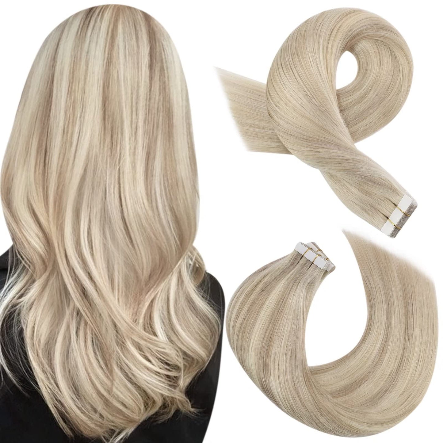 Moresoo Tape in Hair Extensions Human Hair 18 Inch Hair Extensions Tape Real Hair Ash Blonde with Platinum Blonde Tape in Extensions Remy Human Hair #P18/613 20 Pieces/50g