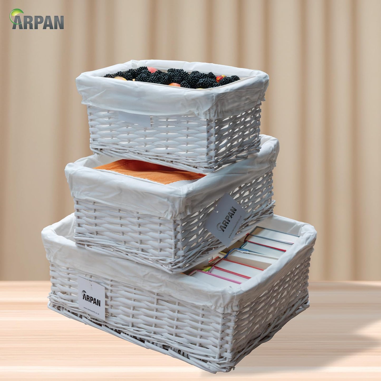 Arpan White Wicker Storage & Hamper Basket with White Cloth Lining – Small, Medium & Large Gift Baskets for Xmas, Wedding, Confetti & Parties, Snack Basket, Wicker Baskets Multipack