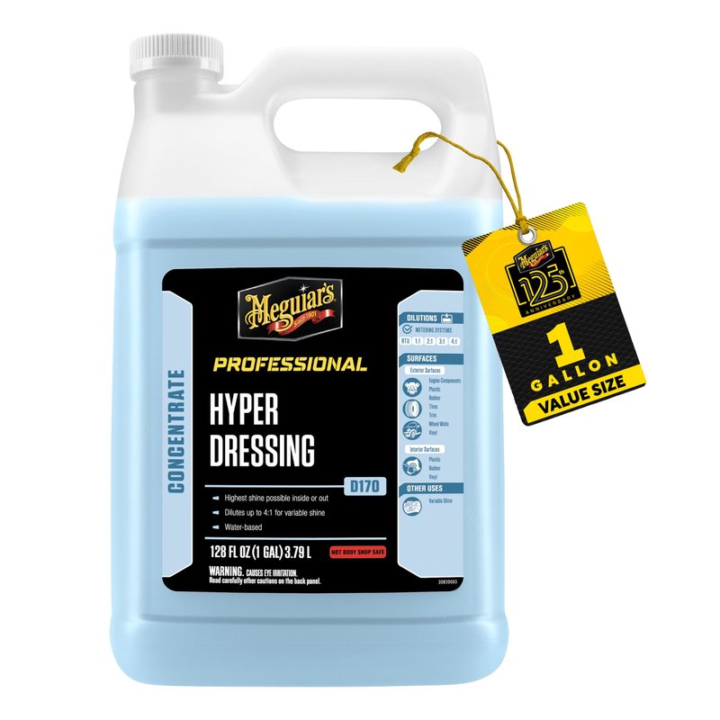 Meguiar's Hyper Dressing, 1 Gallon, Trim Shine For Drivers & Detailers— Car Wash Soap Restores Gloss And Deep Black Look; Use On Plastic And Rubber Trim, Tires, Bumpers And Wheel Wells