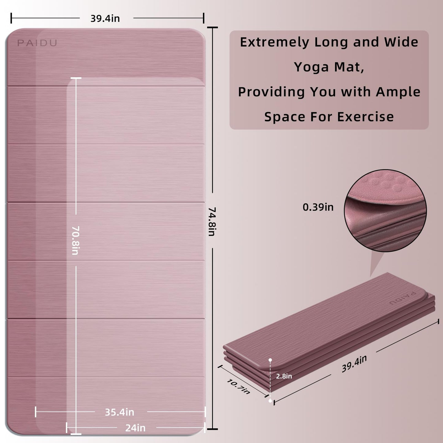 PAIDU Foldable Yoga Mat thick- 2/5" (10MM) TPE Non-Slip Design, Quick Fold，Easy Storage, 75x40 Extra Long/Wide for Indoor Yoga, Pilates and Outdoor Travel Workouts (Deep Pink)