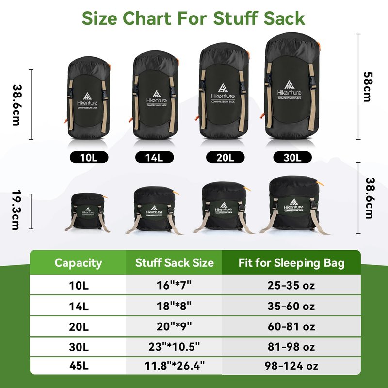 Hikenture Compression Sack for Sleeping Bag, Upgrade Anti-Tear Nylon Sleeping Bag Stuff Sack, 10L/14L/20L/30L Water-Resistant Compression Bag, Storage Bag (Dark Green, 20L)