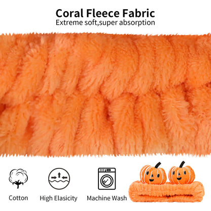 FlyingMage Spa Headband for Washing Face, 2 Pack Cute Halloween Hair Band for Shower Yoga Beauty, Fluffy Makeup Headband, Kawaii Facial Headbands for Woman Girls, Orange+Black Pumpkin