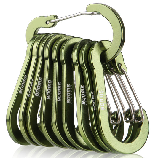 Booms Fishing CC5 Multi-Use Carabiner Clips, 10 Pack 2.7" Small Caribeener Clips, Mini Keychain Caribeaner Clip, Aluminum D Ring Carabiners, Green
