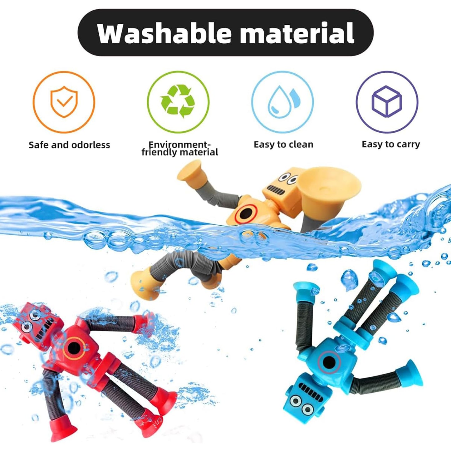 Bendable Robot Figures, Basket Stocking Stuffer Set of 4 Flexible Men, Telescopic Suction Cup Robot Toy, Telescopic Pop Tubes, Fidget Tubes Sensory Toys for Girls Boys
