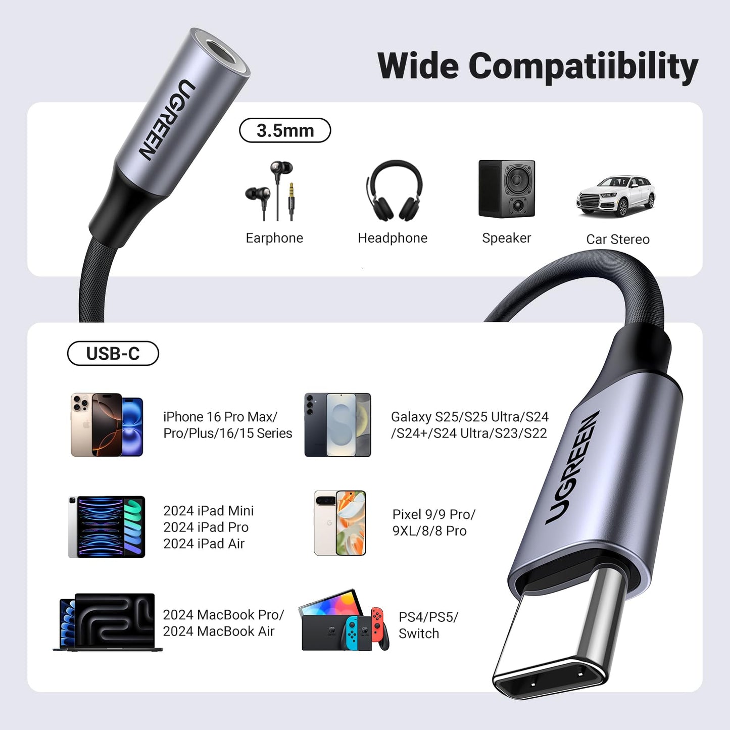 UGREEN USB C to 3.5mm Jack DAC Hi-Fi Stereo Audio Type C Aux Headphone Adapter Compatible with iPhone 17 Pro Max/16/15 Galaxy S25 Ultra S24 S23 A55 A56 2025 iPad Air/Pro/Mini Pixel 10/9 (Silver)