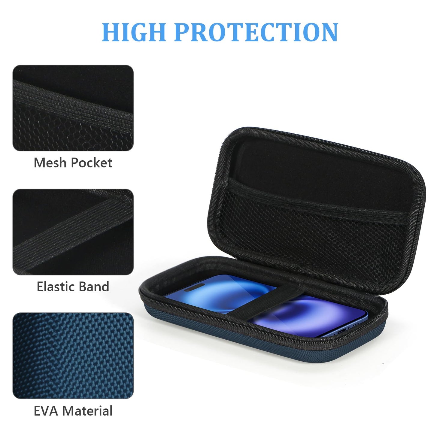 Hard EVA Protective Case - GLCON Portable Storage Case for Charging Cable, Power Bank, Hard Drive, Cell Phone, External Battery - Small Travel Case Mesh Inner Pocket + Zipper Enclosure (Grey Blue)