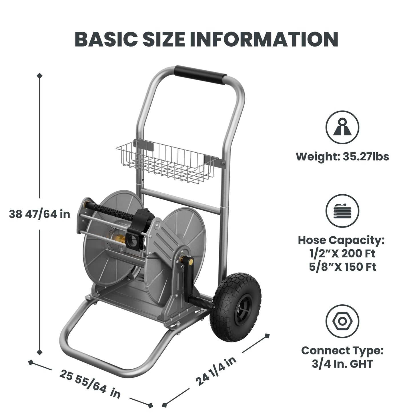Giraffe Tools Garden Hose Reel Cart with Wheels, Heavy Duty Metal Water Hose Reel Cart, 200 ft of 1/2 Capacity, Mobile Hose Reel Cart for Outside