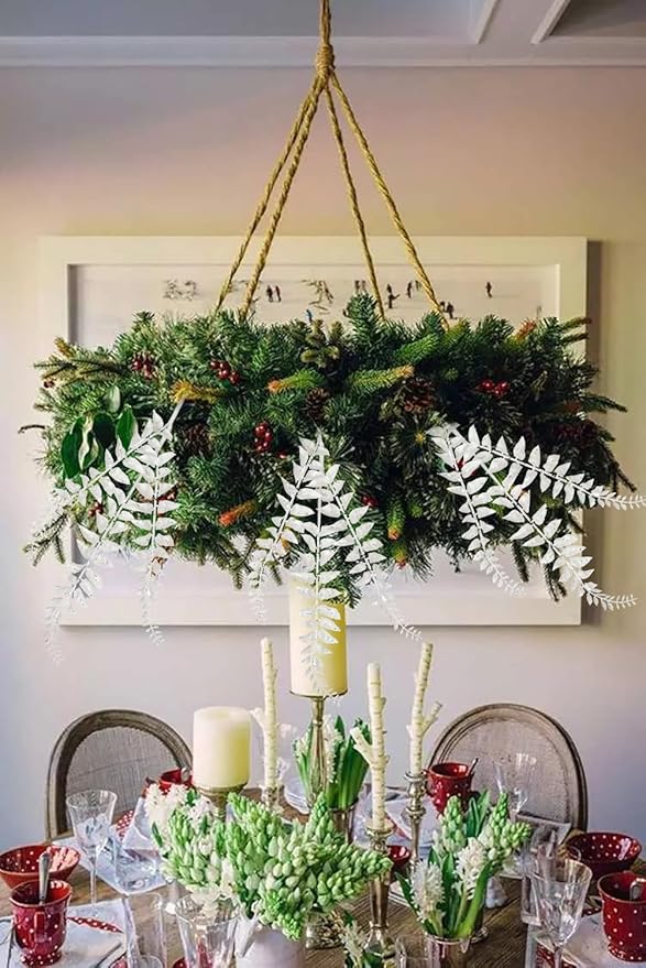 DILATATA 6Pcs Christmas Glitter Leaves Boston Fern Leaves 25" Artificial White Fern Leaf Picks Sprays Giltter Stems for Christmas Tree DIY Xmas Wreath Garland Home Decor - White