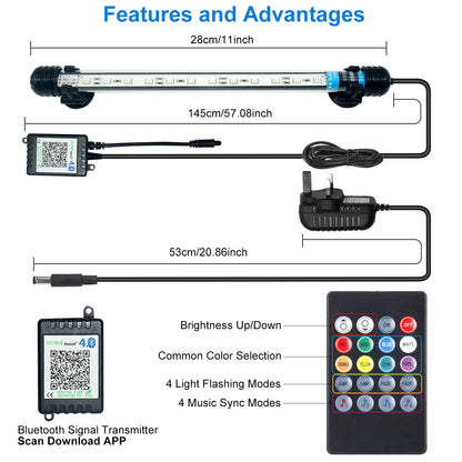 VARMHUS Submersible LED Aquarium Light,Fish Tank Light with Remote Controller&APP Control,DIY Full Spectrum Optional Color&Intelligent Timing and Dimming,29 Light Modes and 4 Music Modes RGB-28cm