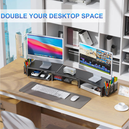 gianotter Dual Monitor Stand Riser, Desk Organizer With Drawer and 2 Pen Holders, Computer Monitor Stand, Desk Shelf for Top of Desk, Balck