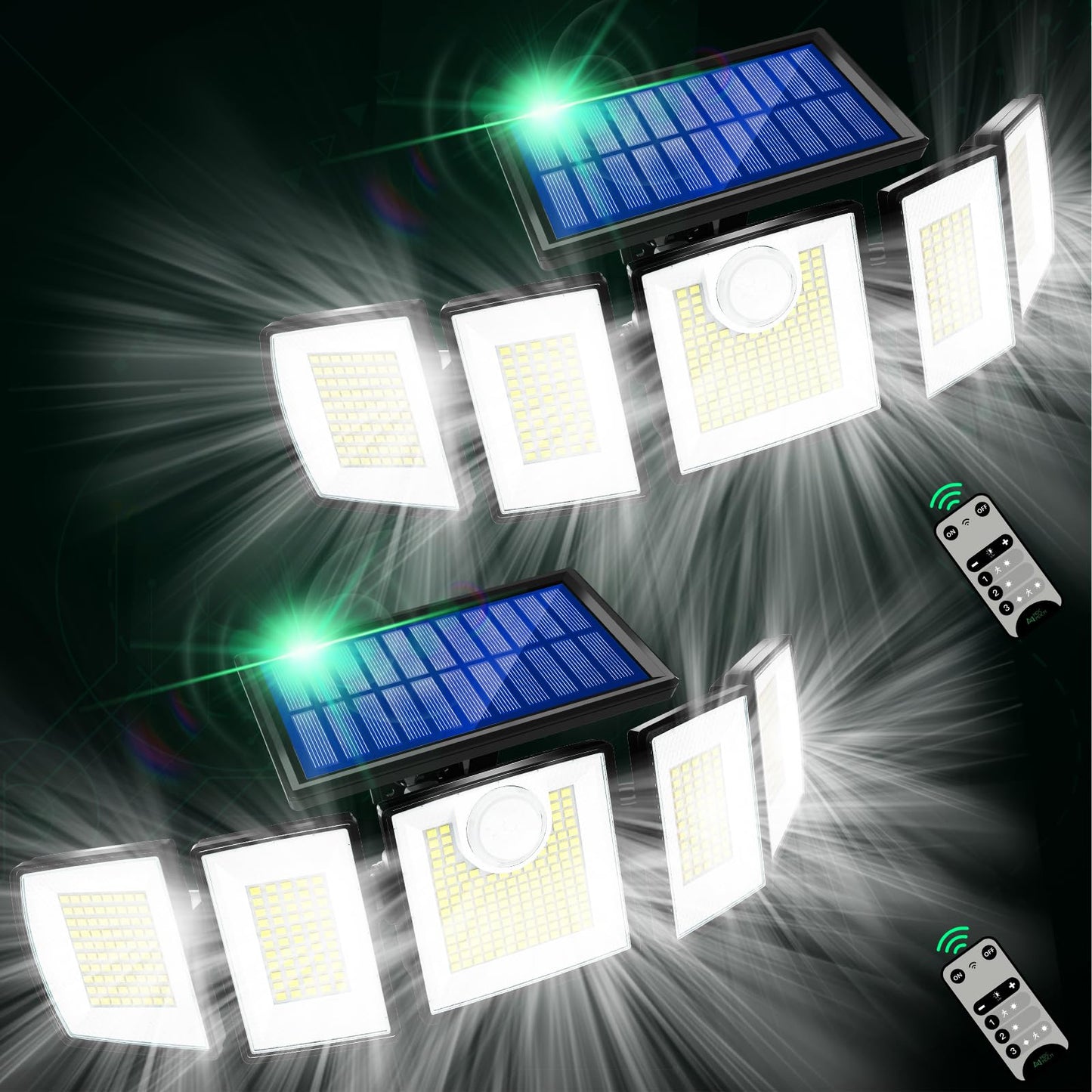 MDCMDCM Solar Lights Outdoor Waterproof Motion Sensor - 416 LEDs 3000 Lumens Super Bright 3 Brightness 3 Modes 2400mAh 360° Illumination 32ft Solar Flood Security Light for Outside - 2Pack