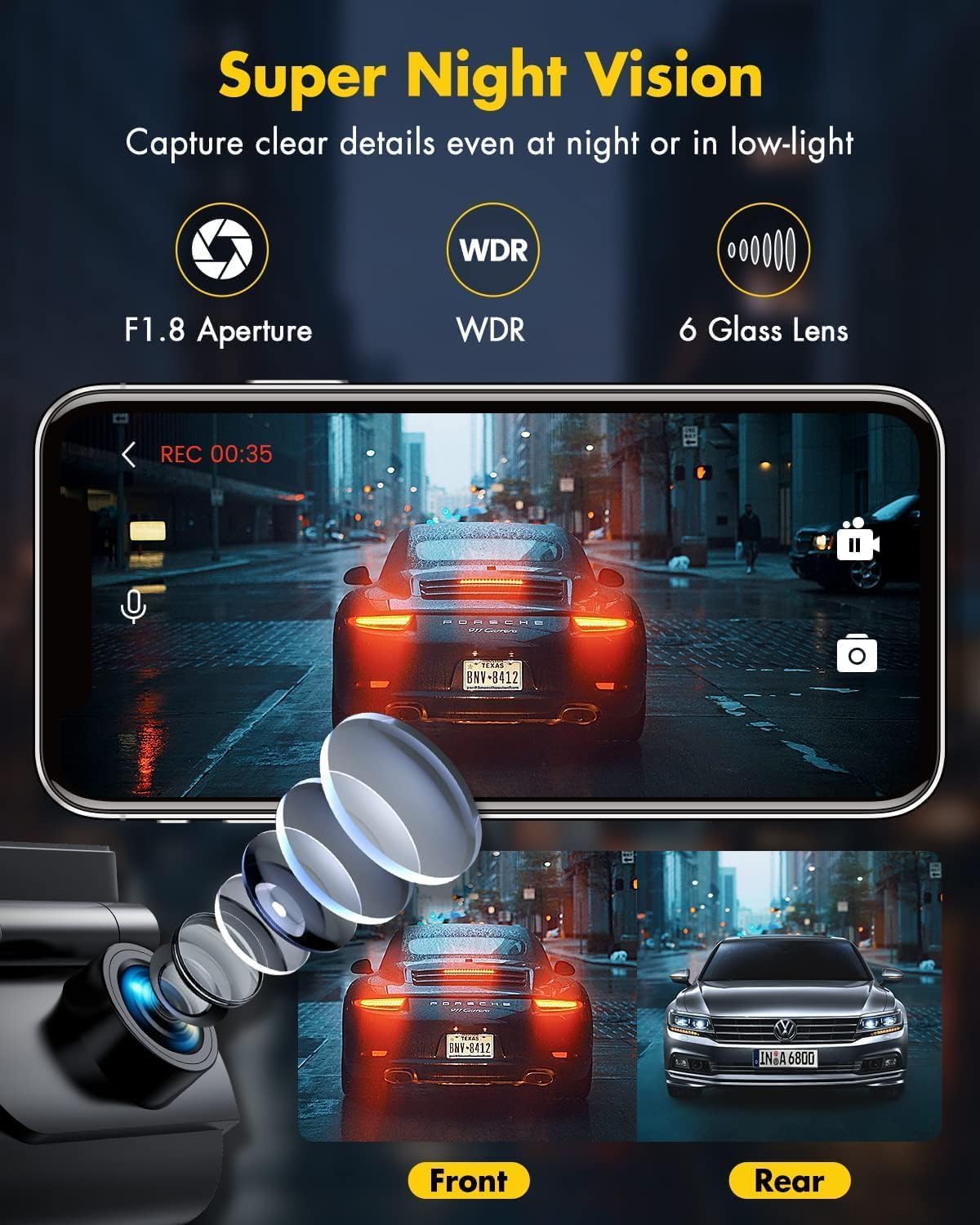 GKU 4K Dash Cam Front and Rear, 5GHz WiFi Dashcam with 64GB SD Card, Dual Car Camera Dash Cam with Parking Monitor, Night Vision, WDR, 170° Wide Angle, G-Sensor, Loop Recording, APP Control, Max 256GB