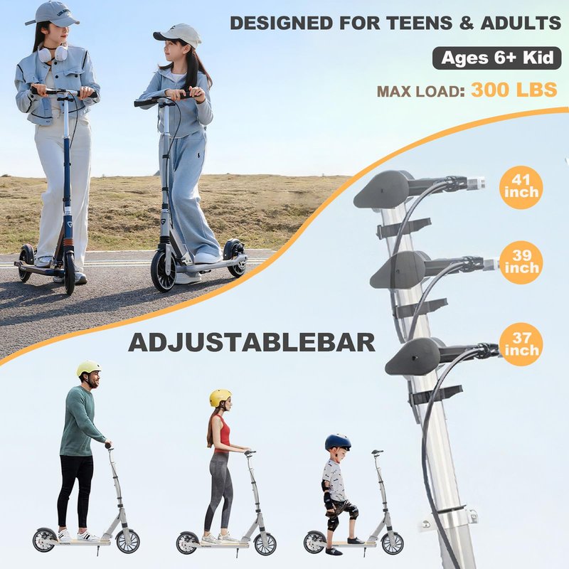 CUIOT Scooter for Kids 8-12, Teens and Adults, Folding Kick Scooter with Adjustable Height, 8IN Big Wheels Scooters W/Anti-Shock Suspension, Up to 300 Lbs, Bearing ABEC9 (Silver)