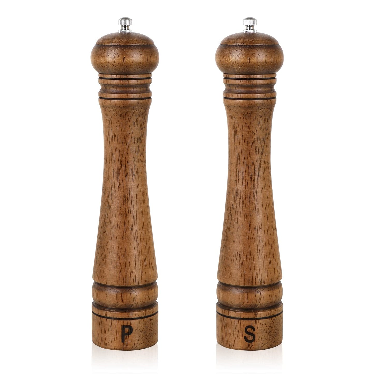 Salt and Pepper Grinders Set, Haomacro 10Inch Updated Manual Wooden Pepper Shaker Set,Oak Wood Salt Mill Pepper Grinder Set Refillable with Adjustable Ceramic Rotor 2Pack