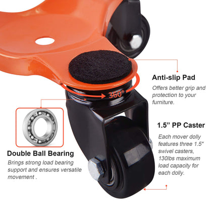 Ronlap 6-Inch Steel Tri-Dolly, 3-Wheel Furniture Mover's Dolly with Lifer, Heavy Furniture Moving Rollers, 200 KG Capacity 4 Pack (Orange)