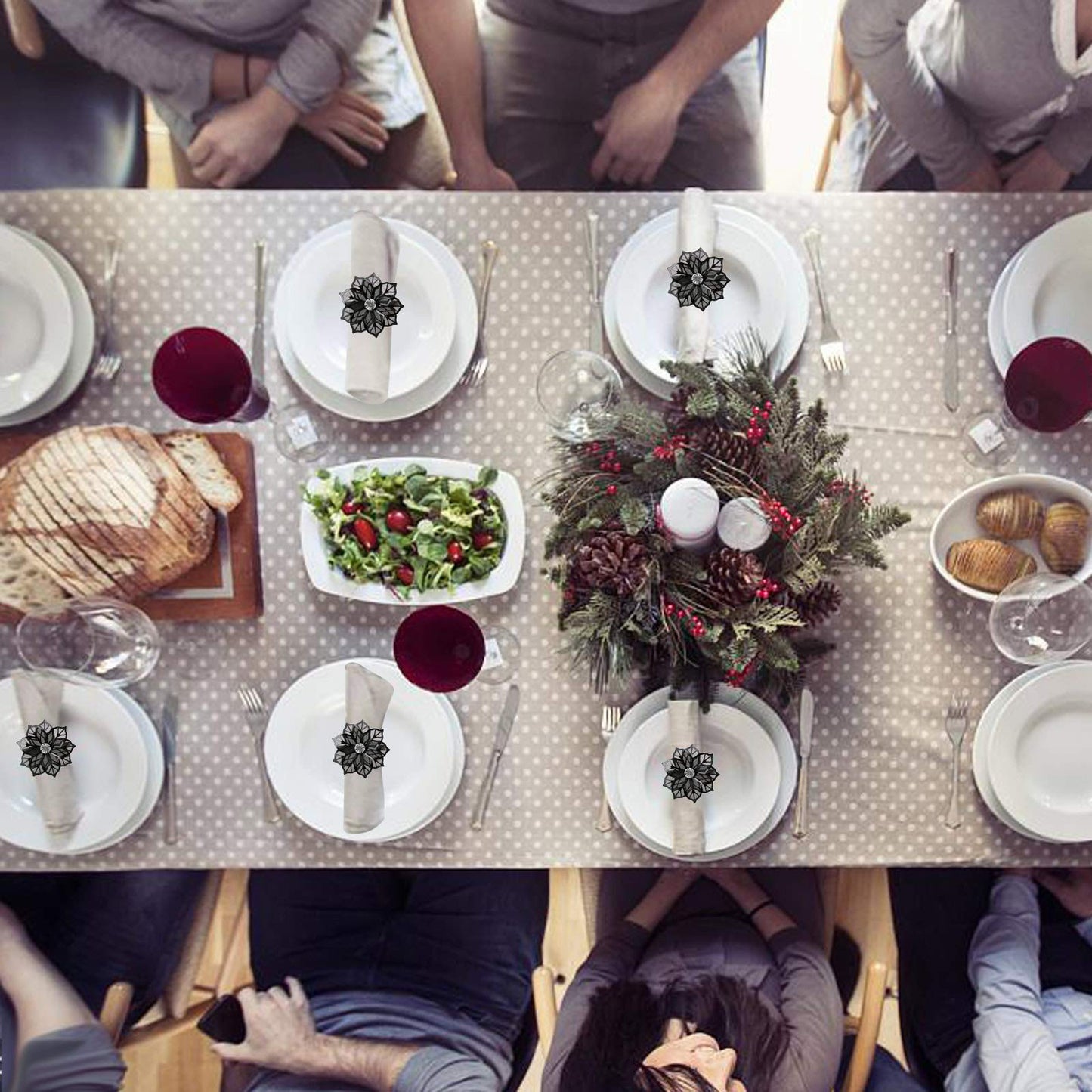 BEAVOING Pack of 18 Napkin Rings Alloy Hollow Out Flower Napkin Holder Dinning Table Napkin Ring for Dinner Parties Wedding Banquet Table Setting Family Gatherings Table Decor (Black Flower, 18)