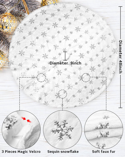 COOLWUFAN 48 Inches Faux Fur Christmas Tree Skirt for Xmas Tree Holiday Party Decorations White Plush Silver Sequin Snowflake (Silver)