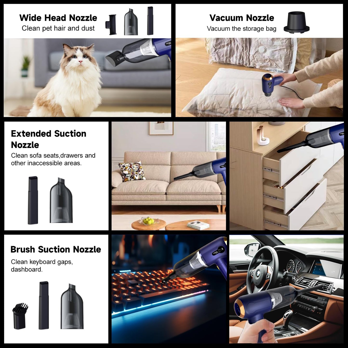 Handheld Car Vacuum Cleaner, 15KPa Mini Cordless 4000mAh Vacuum Cleaner with LED Light, Digital Display & 3 Speeds, 80W High Power 3-in-1 Portable Vacuum with 7 Nozzles, for Car, Home, Office, Pet