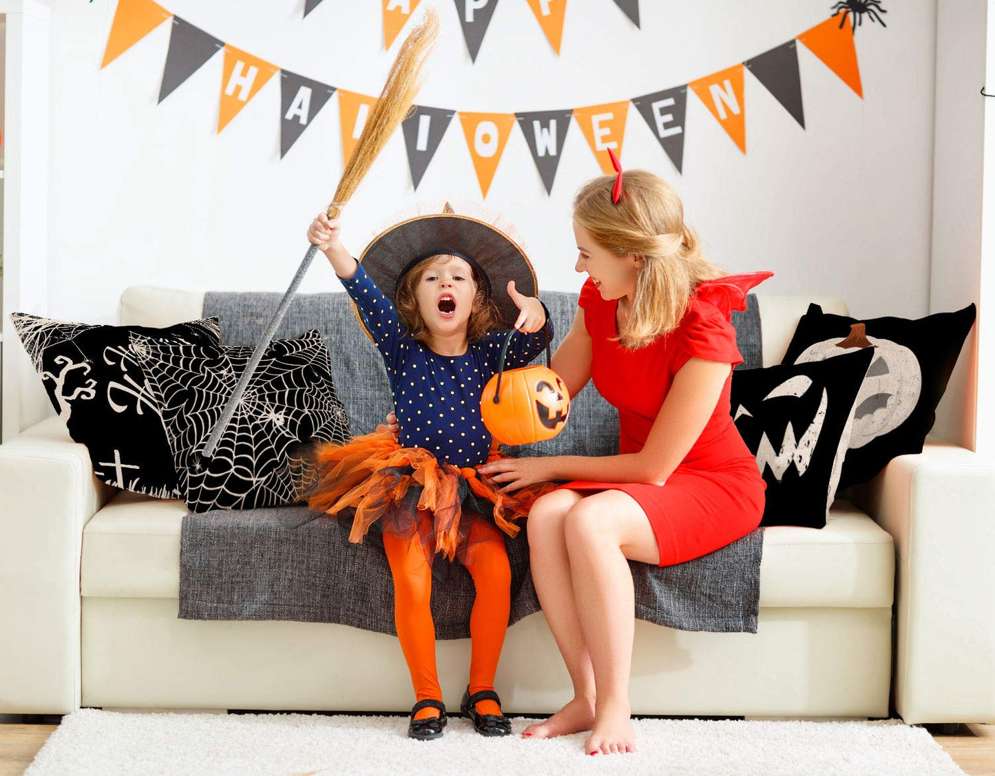 Whaline Happy Halloween Pillow Cover Pumpkin Spider Web Pillow Case Black Linen Throw Cushion Cover Cushion Cases for Home Office Halloween Sofa Bed Decoration, 18" x 18" (4Pcs)