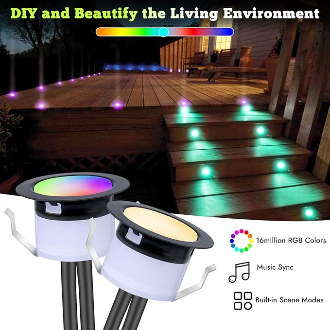 FVTLED LED Deck Lights Kit, 50pcs Φ1.22 WiFi Smart Phone Control Low Voltage Recessed RGBW Deck Lighting Waterproof Outdoor Yard Path Stair Decor, Black