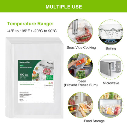 Bonsenkitchen Precut Vacuum Sealer Bags 200 Quart 8" x 12", BPA Free, Commercial Grade Textured Food Vacuum Sealer Bag, Thick Embossed Bags for Storage and Sous Vide Cooking VB3208