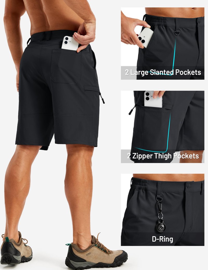 TACVASEN Men's Hiking Cargo Shorts Black Shorts with 5 Pockets D-Ring Quick Dry Lightweight Fishing Golf Casual Walking