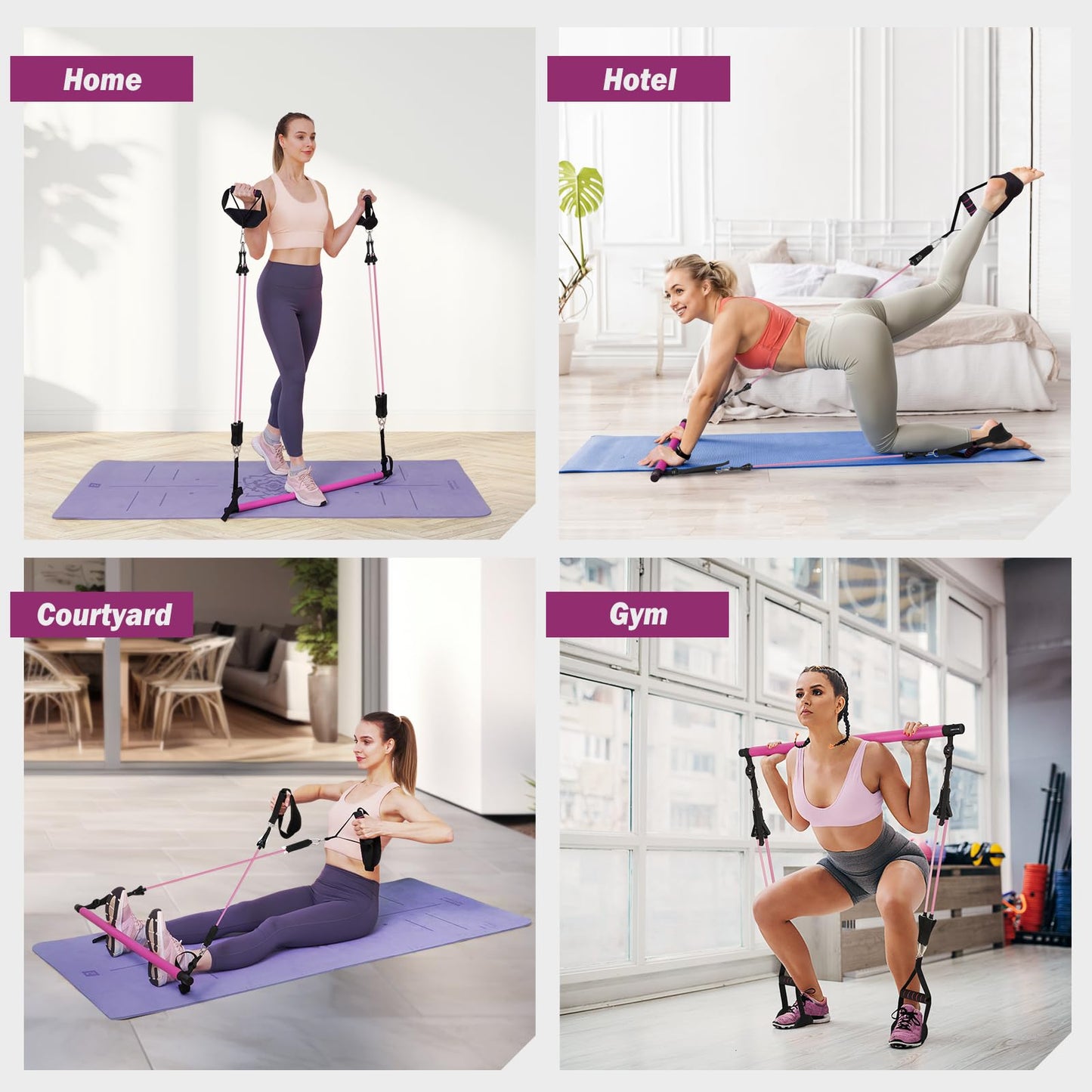ALongSong Pilates Bar Set With 4 Latex Elastic Resistance Bands 30lb 40lb, Timer, 3 Section Pilates Bar Portable Home Workout Fitness For Yoga, Stretching, Sculpting, Twisting, Squat