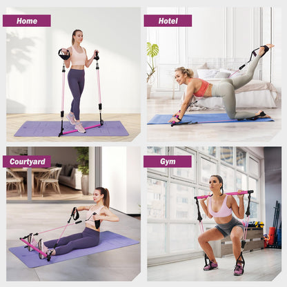 ALongSong Pilates Bar Set With 4 Latex Elastic Resistance Bands 30lb 40lb, Timer, 3 Section Pilates Bar Portable Home Workout Fitness For Yoga, Stretching, Sculpting, Twisting, Squat