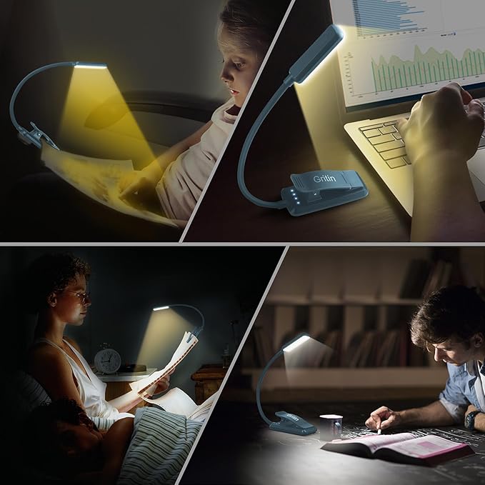 Gritin 9 LED Rechargeable Book Light for Reading in Bed - Eye Caring 3 Color Temperatures,Stepless Dimming Brightness,80 Hrs Runtime Small Lightweight Clip On Book Reading Light-Pacific Blue