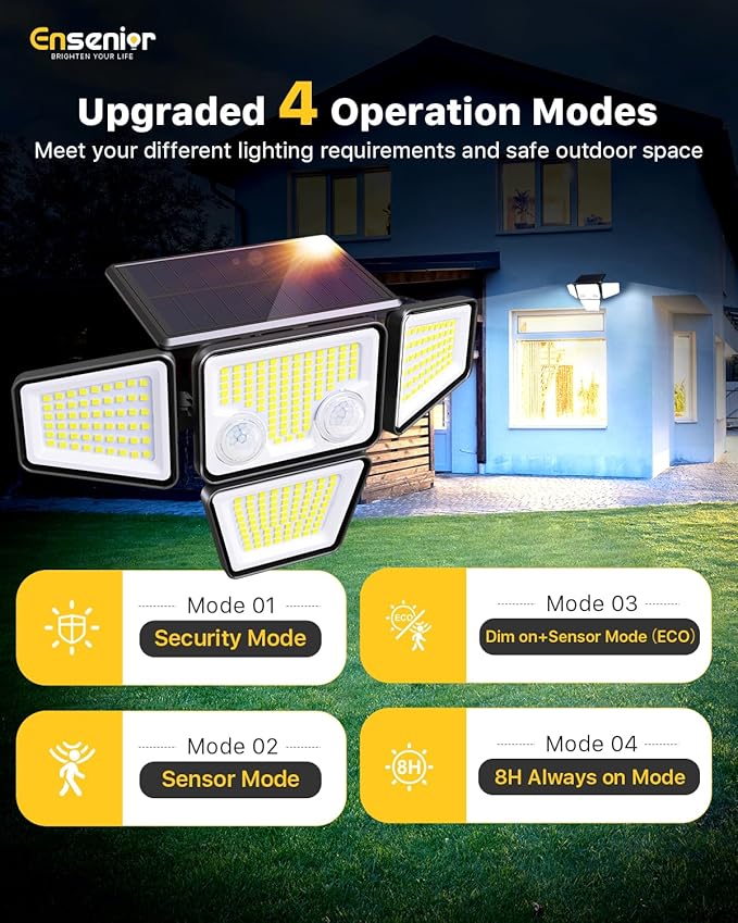 Ensenior Solar Lights Outdoor, IP65 Waterproof Motion Sensor Outdoor Light with Remote Control, 279 LED 4 Heads Solar Security Light with 4 Mode, 270° Wide Angle Solar Flood Light for Outside, 2 Packs
