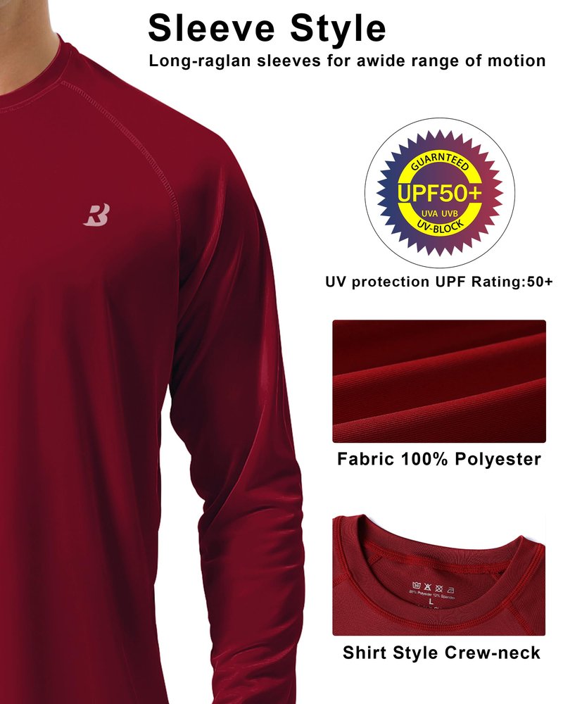 Roadbox Mens UPF 50+ UV Sun Protection Shirts Outdoor Long Sleeve SPF Diving Rash Guard for Fishing Hiking Swimming Beet Red