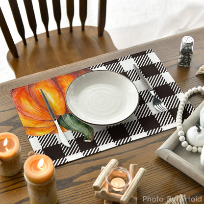 Artoid Mode Hello Fall Pumpkin Maple Leaves Buffalo Plaid Placemats for Dining Table, 12 x 18 Inch Seasonal Harvest Holiday Rustic Vintage Thanksgiving Washable Table Mats Set of 4