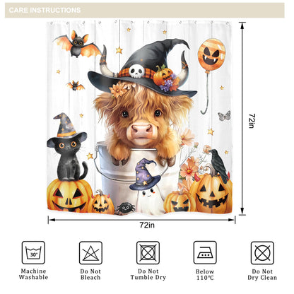 Riyidecor Halloween Highland Cow Pumpkin Autumn Fall Shower Curtain for Bathroom Decor 72Wx72H Funny Cute Cat Bat Ghost Floral Cool Art Printed Fabric Polyester Waterproof 12 Pack Plastic Hooks