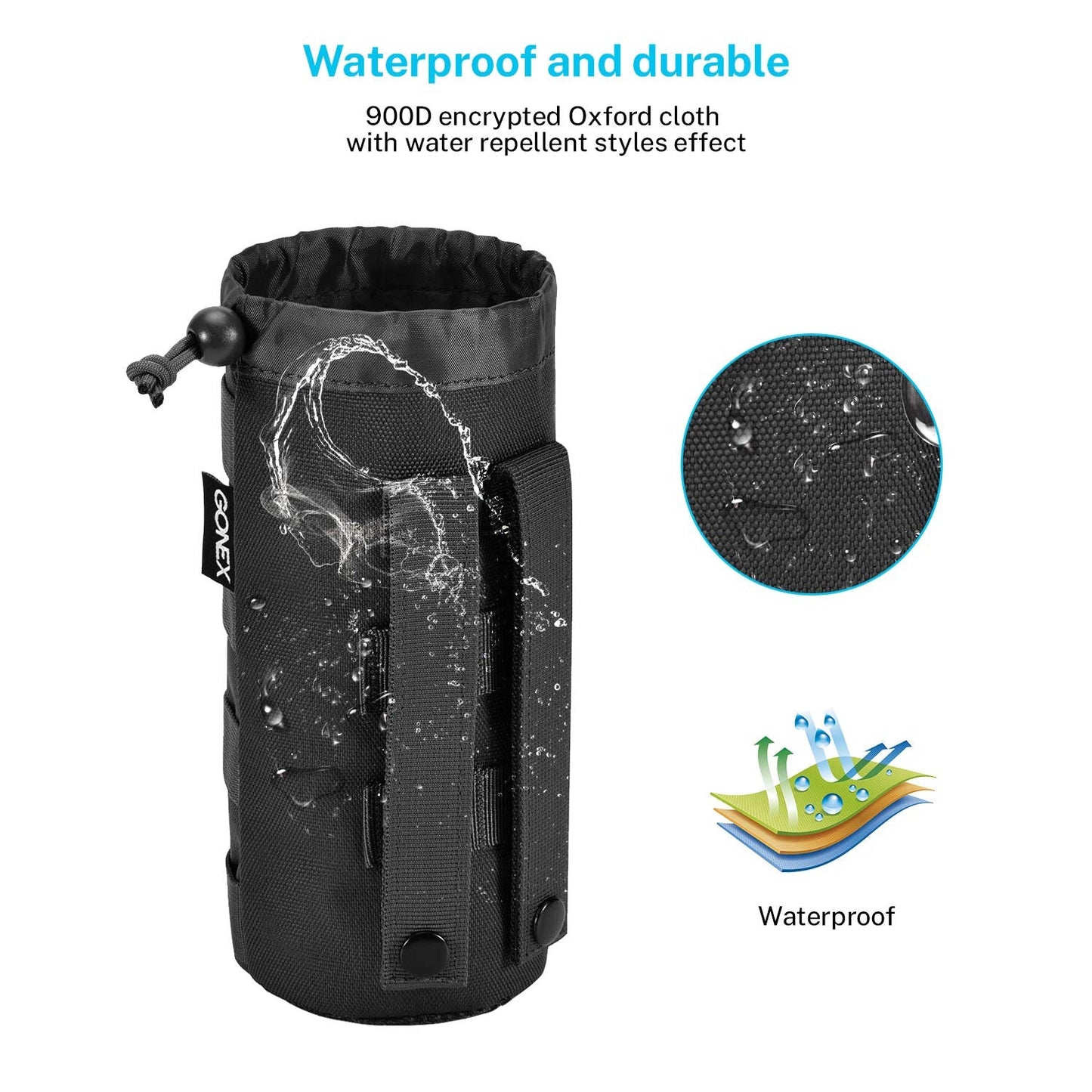 Gonex Tactical Military MOLLE Water Bottle Pouch, Drawstring Open Top & Mesh Bottom Travel Water Bottle Bag Tactical Hydration Carrier Black