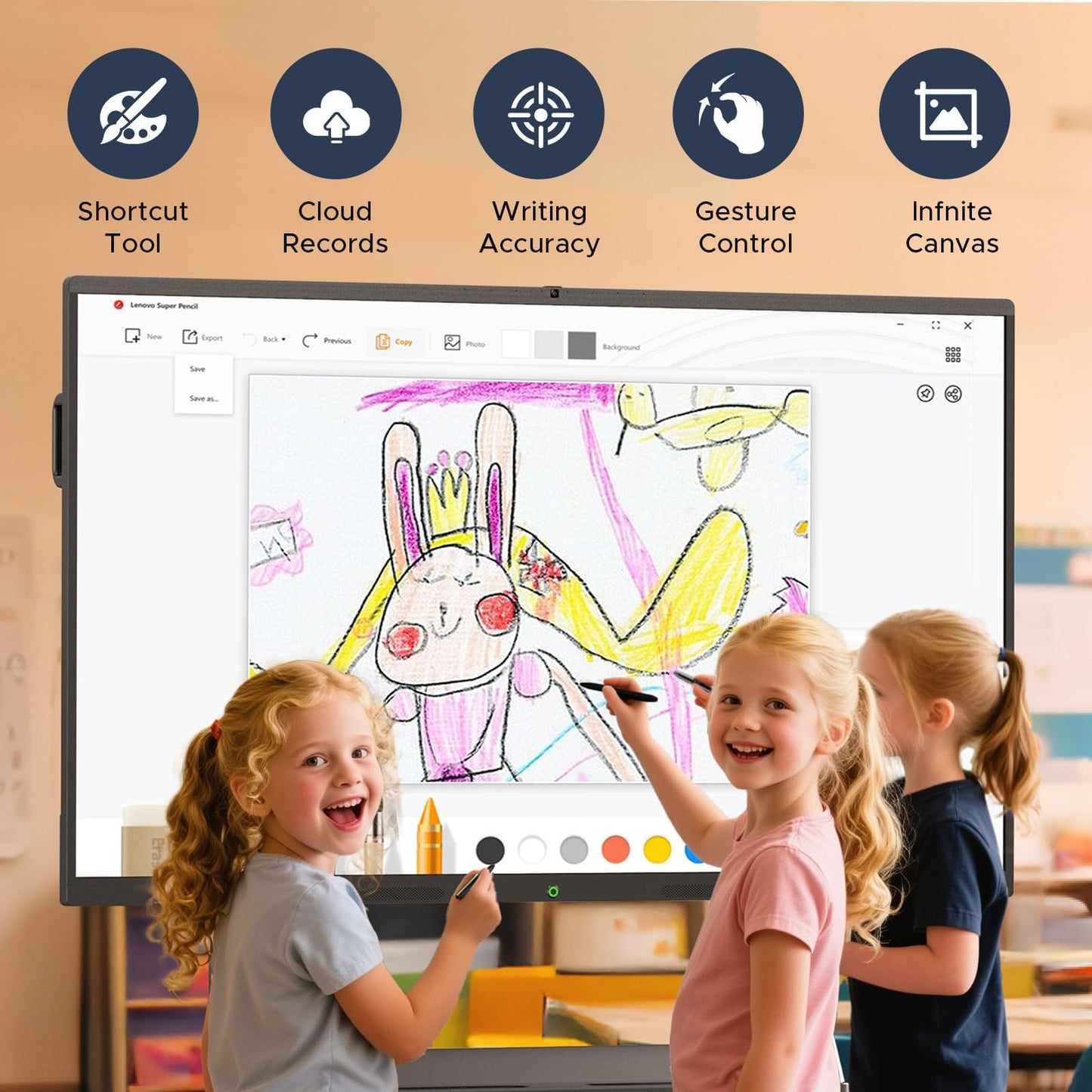 LumaVue 55'' Smart Board, 4K UHD Interactive Touchscreen Whiteboard, Android13 Wireless Smartboard for Classroom Home Office Studio