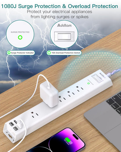 2 Pack Power Strip Surge Protector - 5 Widely Spaced Outlets 3 USB Charging Ports, 1875W/15A with 5Ft Braided Extension Cord, Flat Plug, Overload Surge Protection, Wall Mount for Home Office,White